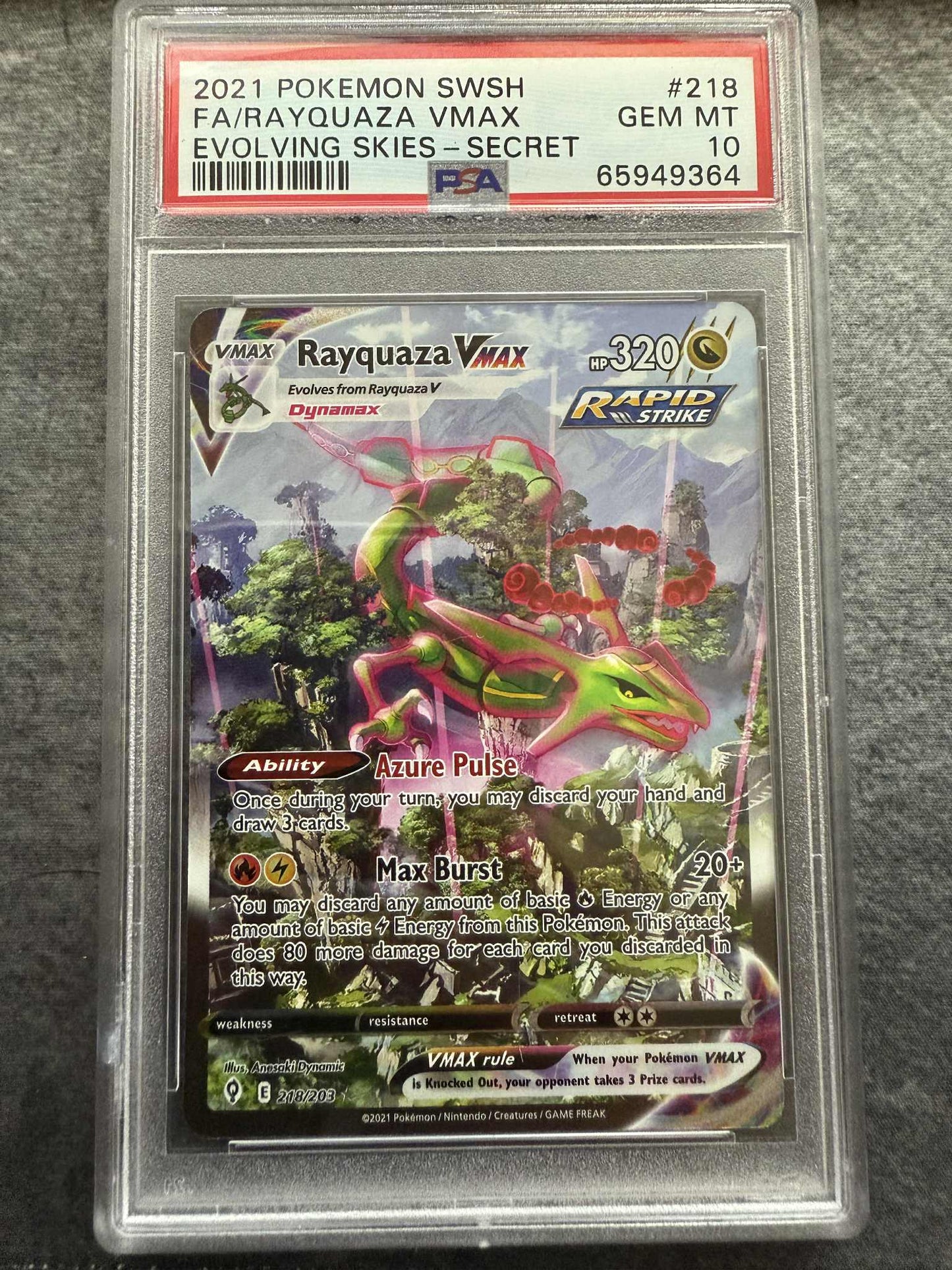 RAYQUAZA VMAX EVOLVING SKIES-SECRET #218 (PSA 10)